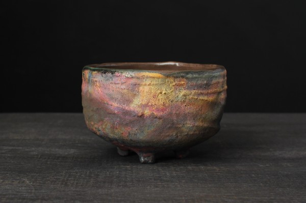 Yellow and pink chawan, Raku tea bowl