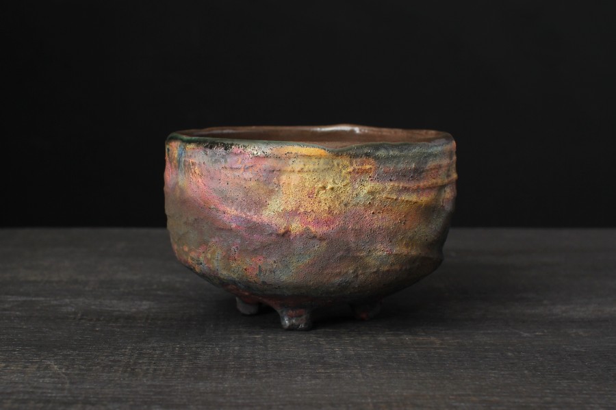 Yellow and pink chawan, Raku tea bowl