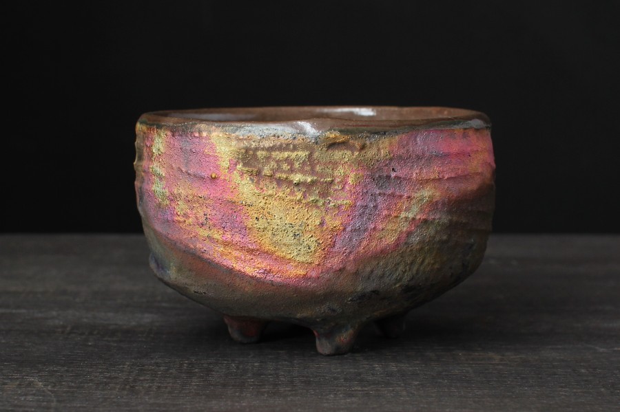 Yellow and pink chawan, Raku tea bowl
