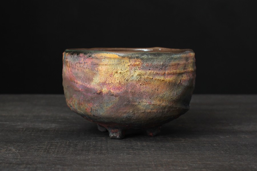 Yellow and pink chawan, Raku tea bowl
