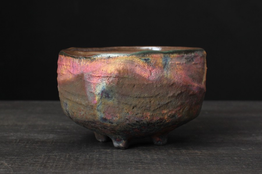 Yellow and pink chawan, Raku tea bowl