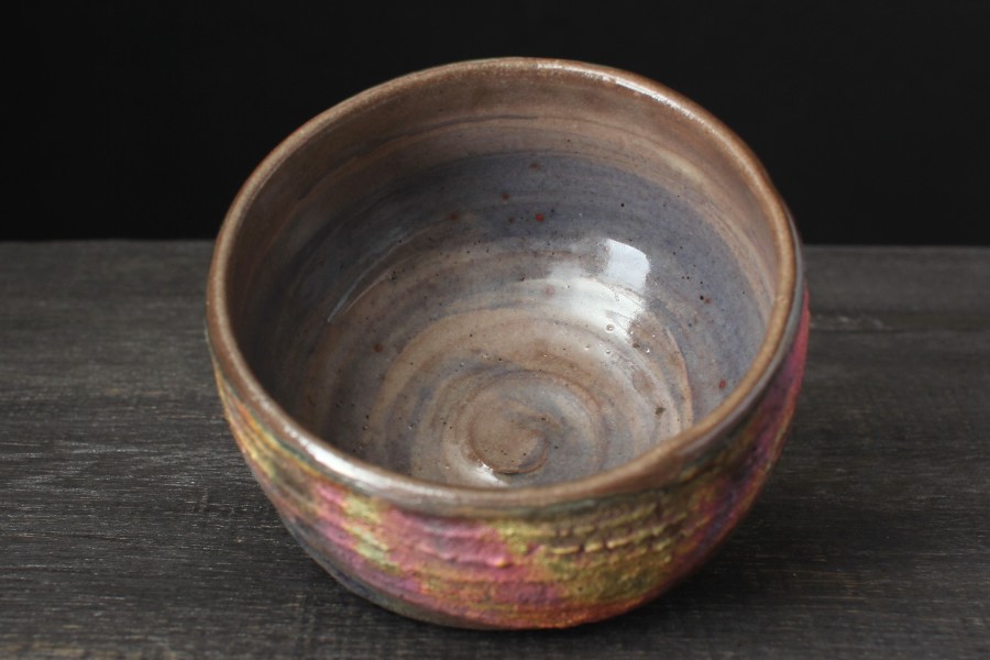 Yellow and pink chawan, Raku tea bowl