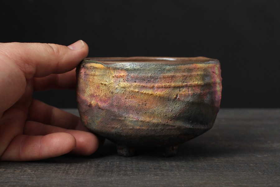 Yellow and pink chawan, Raku tea bowl