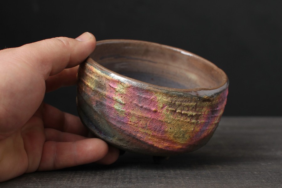 Yellow and pink chawan, Raku tea bowl